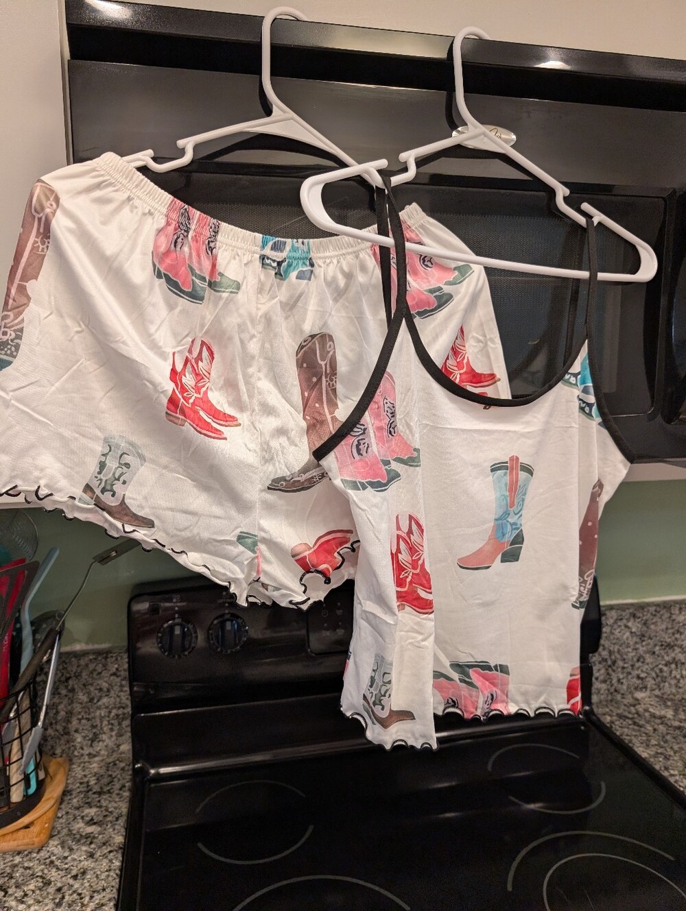 Cowgirl Boot Print Pajama Set - White with Red, Pink, Teal, Brown Boots Size M